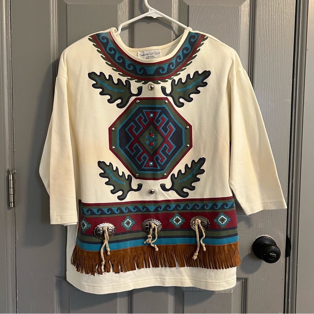 Sweater Loft Sport Cream Southwestern Style Top Fringe Aztec